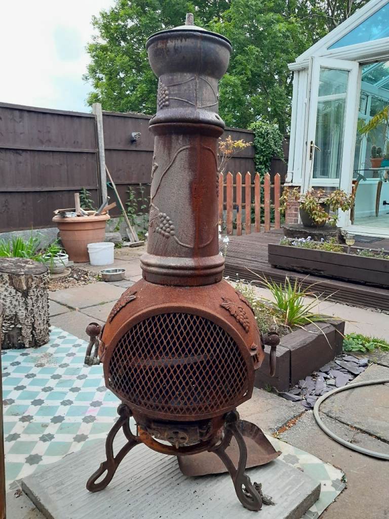 Rustic Cast Iron Chiminea with Grape Design – Fair Condition
