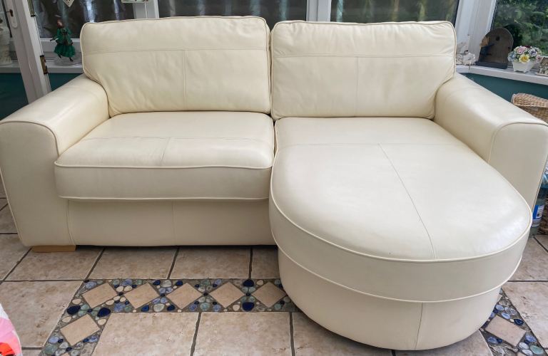 DFS Cream Leather Suite.Chaise Longue 3 seat Sofa (Left/right reverse) & Cuddle Spin Chair/Footstool