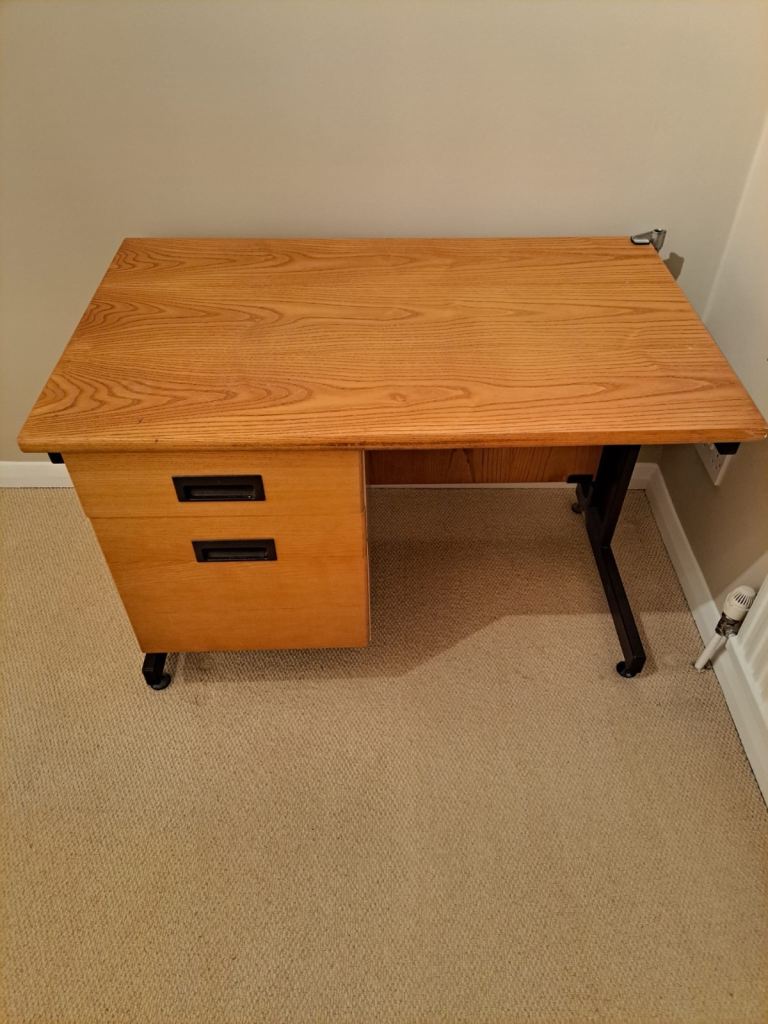 Mid century modern oak and black lacquered metal office study desk 100cm length x 62 cm width
