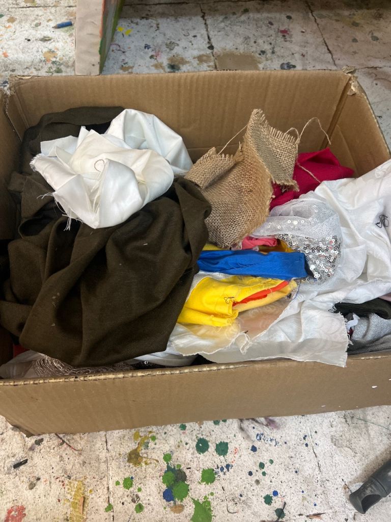 Box of Mixed Fabric Scraps and Craft Materials