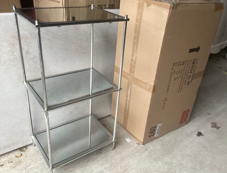 Pair - Gin Shu Silver Gilt Leaf Mirrored Three Tier Tables New & Boxed