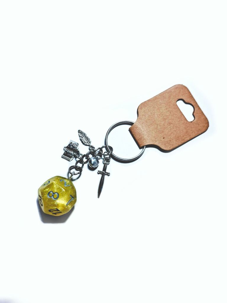 Handmade Dice Key Ring With Split Ring, Yellow With Grey Numbering 