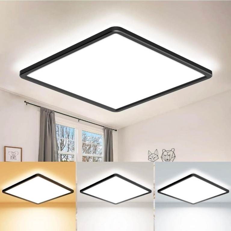28W Black Square Flush Mount LED Ceiling Light, Slim Design, 300x300x25mm, CCT 3 Light Colours