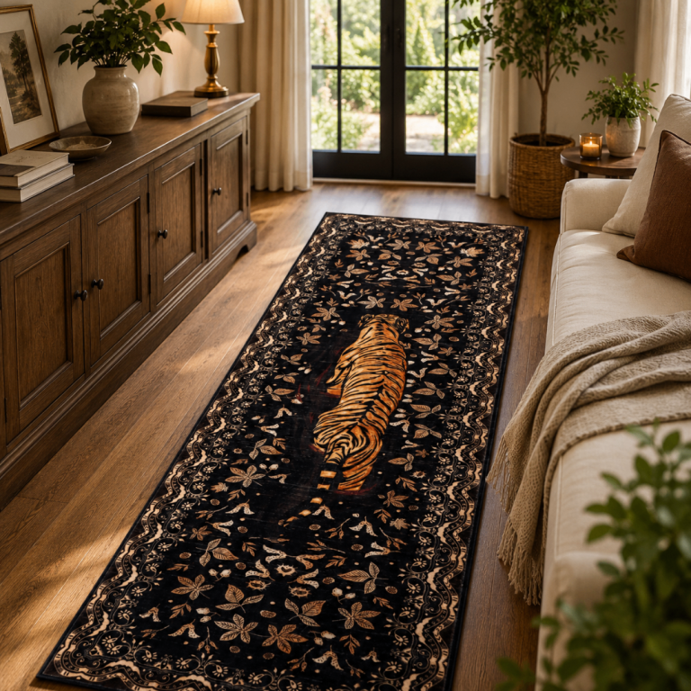 New Black Runner Rug with Tiger Pattern 60cm width and 180cm length– Faux Wool