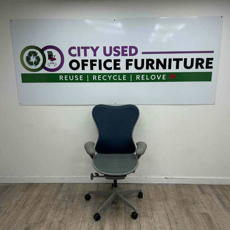 Herman Miller Mirra Butterfly, Ergonomic, Adjustable, Blue / Grey Mesh & Triflex, Grey Swivel Base