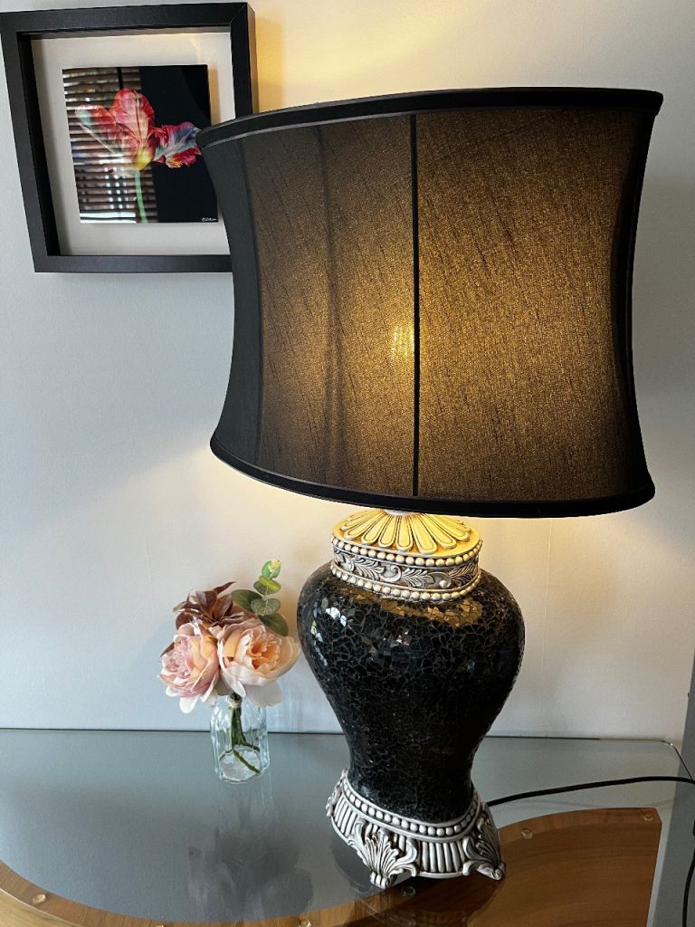 Beautiful and Unique Black Crushed Glass Mosaic Table Lamp With Black Oval Silk Shade