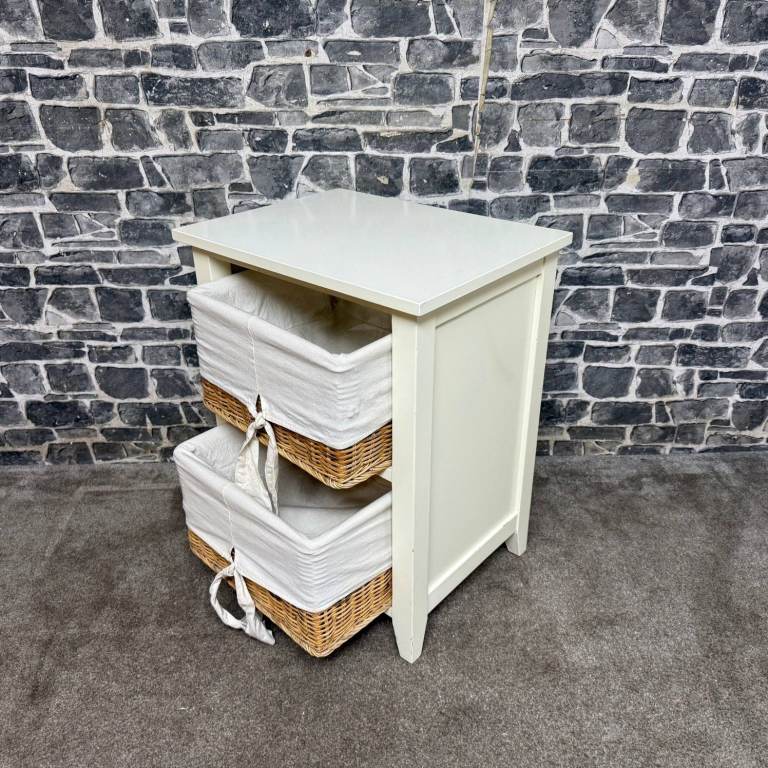 White Storage Unit with 2 Wicker Baskets
