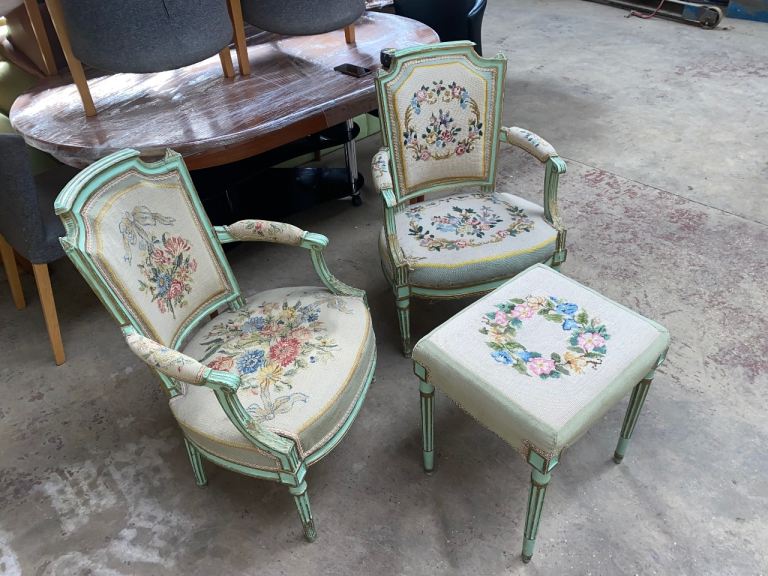 TWO QUEEN ANNE FABRIC CHAIRS & MATCHING STOOL GREAT PRE-LOVED CONDITION ,FREE LOCAL DELIVERY