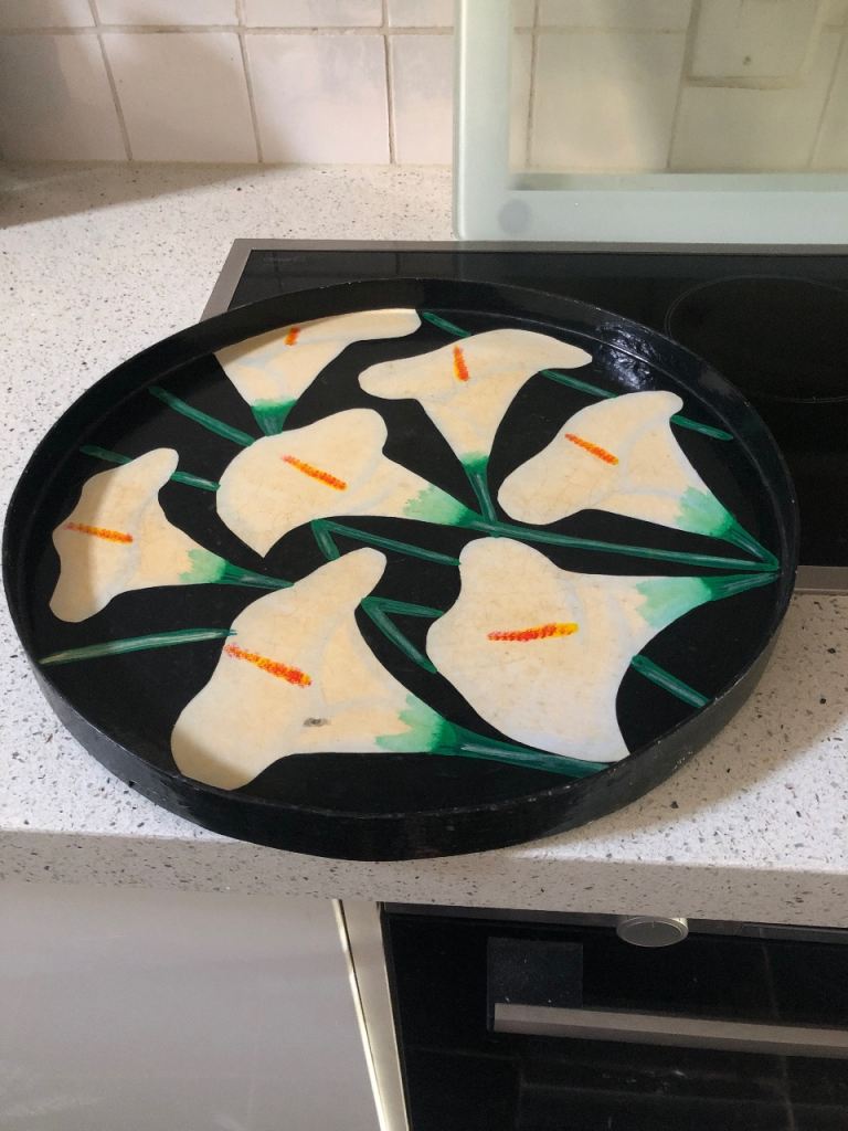 Black Wooden Round Tray with Calla Lily Art - Good Condition