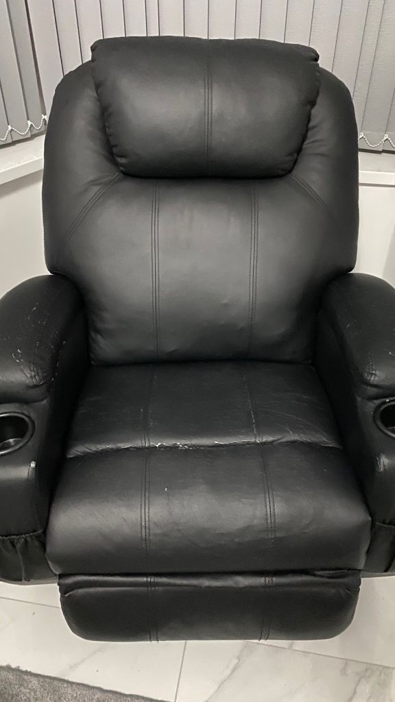 Black Recliner Massage Chair - Faux Leather, Worn Condition