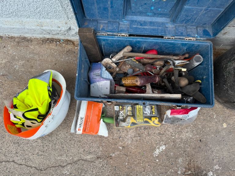 Blue Plastic Toolbox with Various Hand Tools inc hi viz and hard hat 