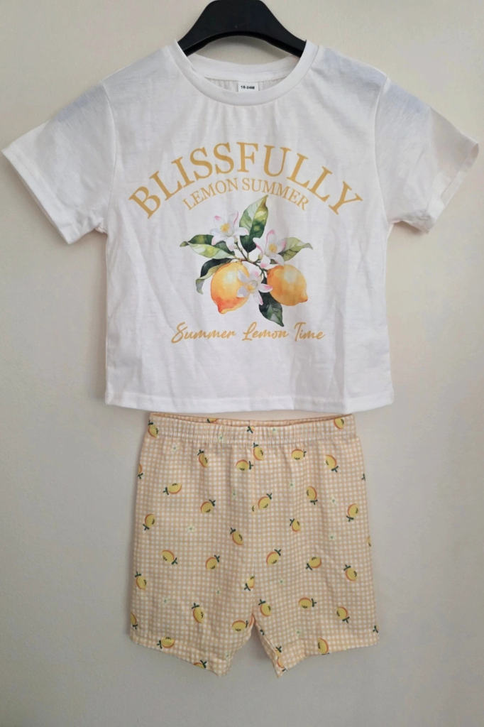 🍋 Shein Toddler Girls White Lemon Graphic T-Shirt & Gingham Shorts Set (18-24 Months)