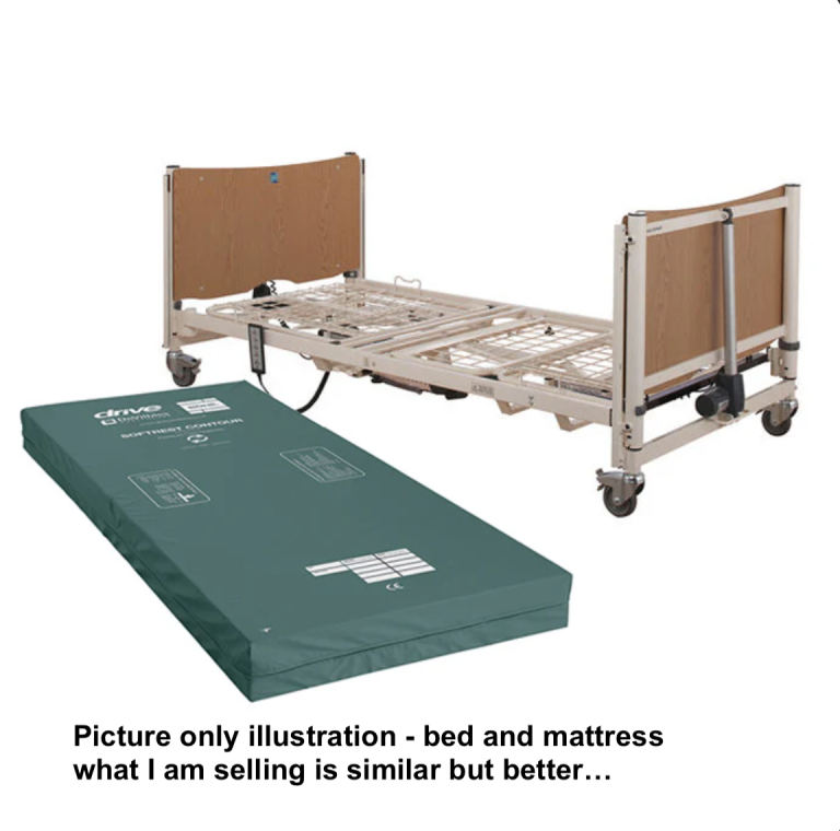 Electric profile bed + left and right Cot sides with brand new (never used) mattress