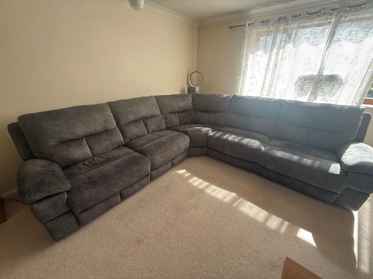 Large Grey Fabric Corner Sofa with Powered Recliners