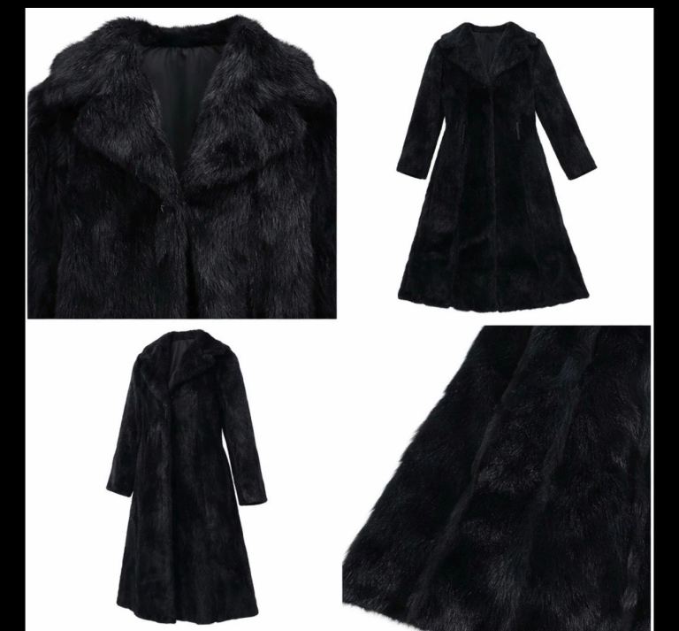 Black Faux Fur Long Coat – Good Condition