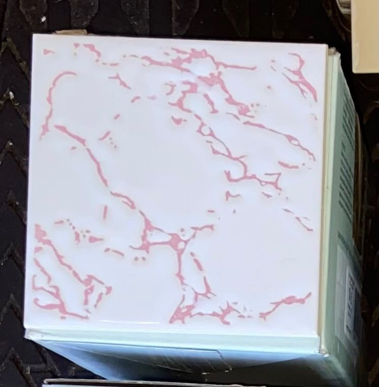 240x Vintage Johnson & Johnson ‘chicken’ pink marble vein wall tiles. New old stock