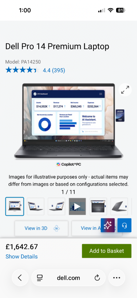 image for BOUGHT SEP 2025,VERY SMALL BLACK DOT ON TOP SCREEN(SEE PIC) DELL PRO 14 PREMIUM LAPTOP,ULTRA 7,32GB
