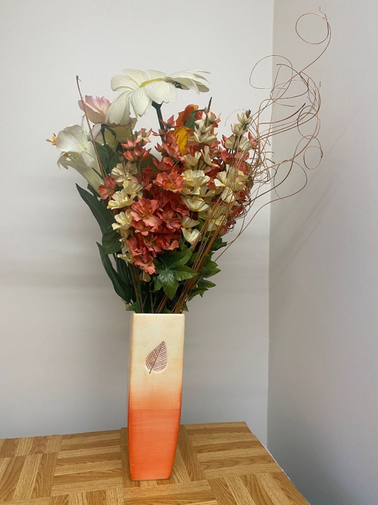 Tall Orange and Cream Vase with Artificial Flowers