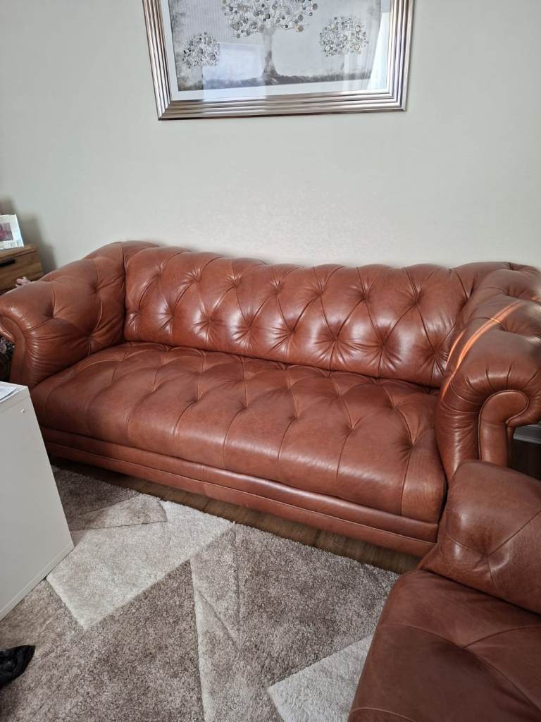  DFS Regency Brown Leather Chesterfield Style Sofa and chair– Good Condition