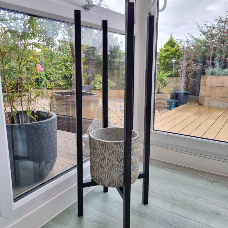 REDUCED PRICE Modern Black Metal Plant Stand with Large Grey and Gold Pot