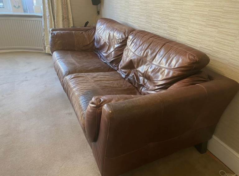 NEED GONE: Brown leather 3 seater sofas used