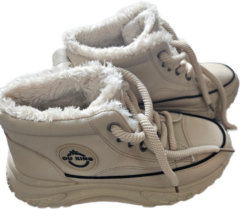 Women’s Beige Fur Lined High Top Trainers Lace Up Chunky Sole Casual Shoes