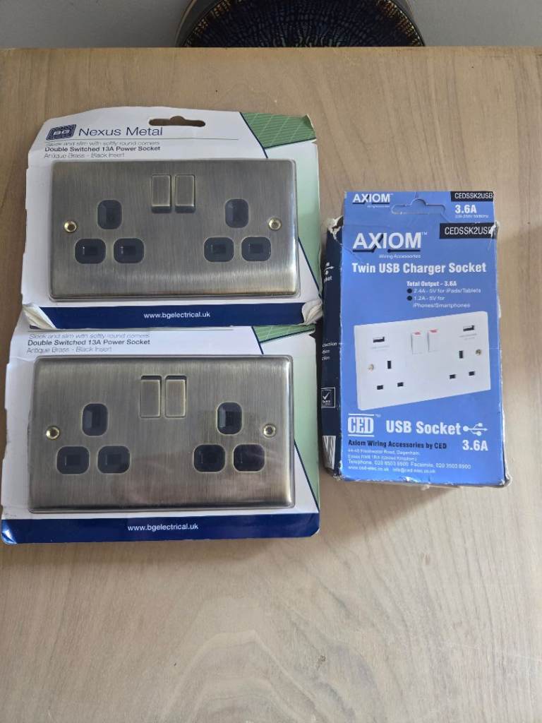 Bundle of 3 Double Wall Sockets: 2x BG Nexus Antique Brass & 1x Axiom USB Charger Socket