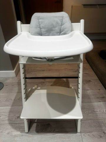 Stokke White Tripp Trapp Chair + Baby Set + Tray + Storage + Cushion