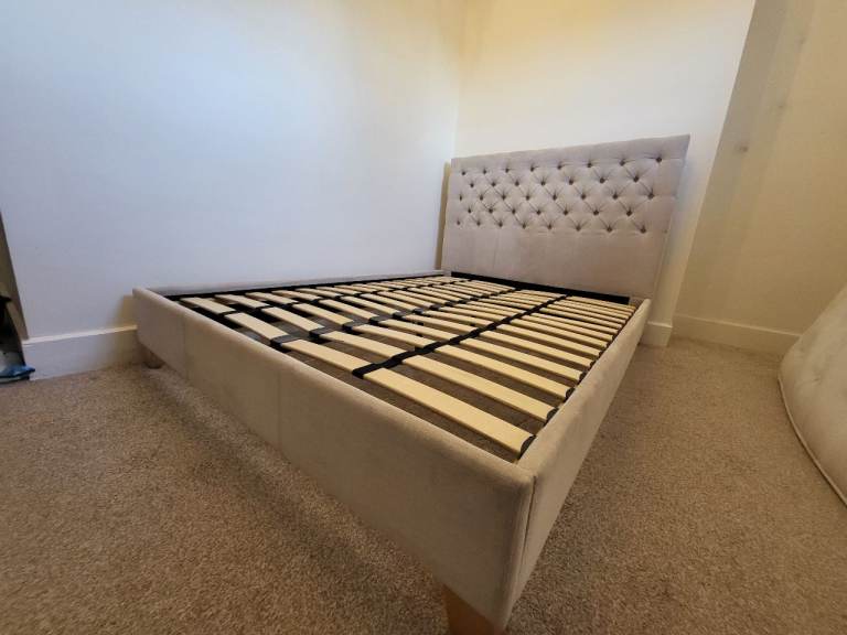 Next, upholstered, buttoned, grey double bedframe
