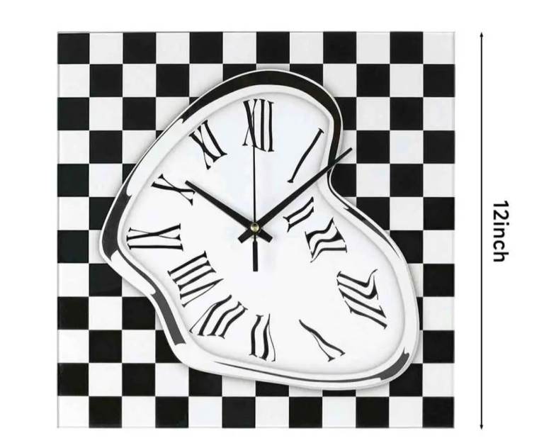 Art Black&White Checks Frameless Clock Quartz Glass Irregular Roman Number Clock