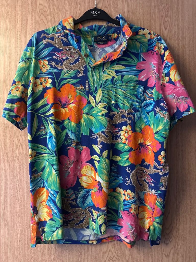 Ralph Lauren Mens Japanese Dragon  Hawaiia Colourful Cotton Polo Shirt Size L