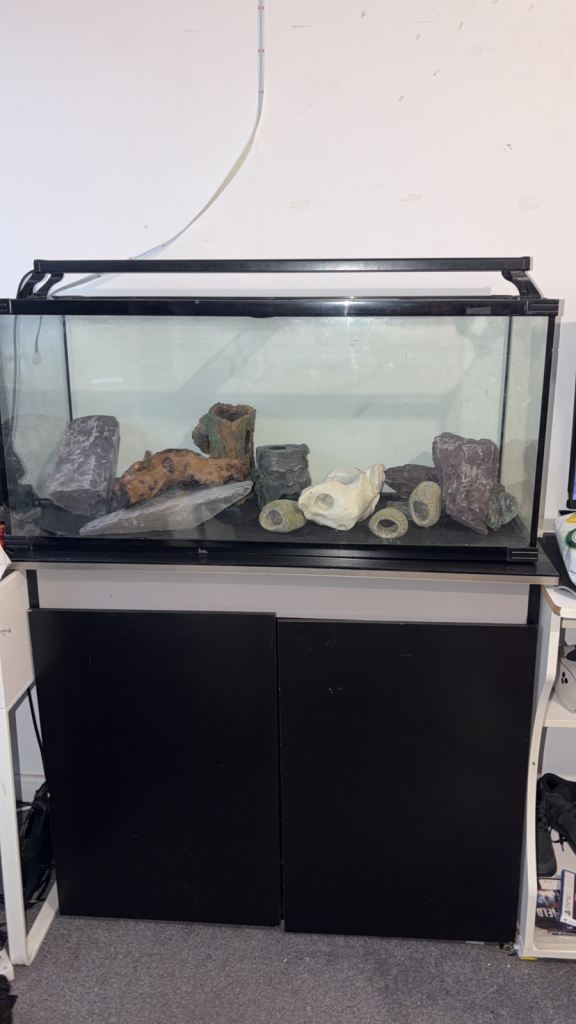 Fish Tank with Cabinet and Decorations – Good Condition