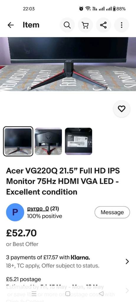 Acer Monitor Full HD Led 22-inch for sale 