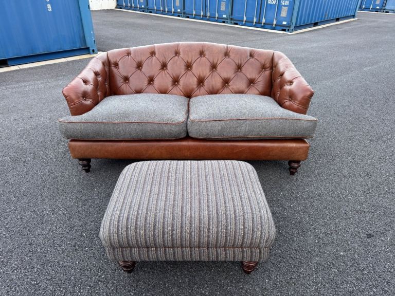Tetrad Dalmore Petite Tan Leather & Harris Tweed Chesterfield Sofa Possible Delivery 