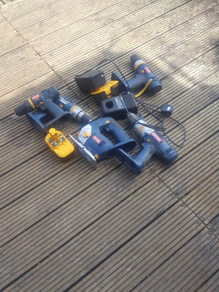 job lot ryobi assortmentof drills & jigsaw