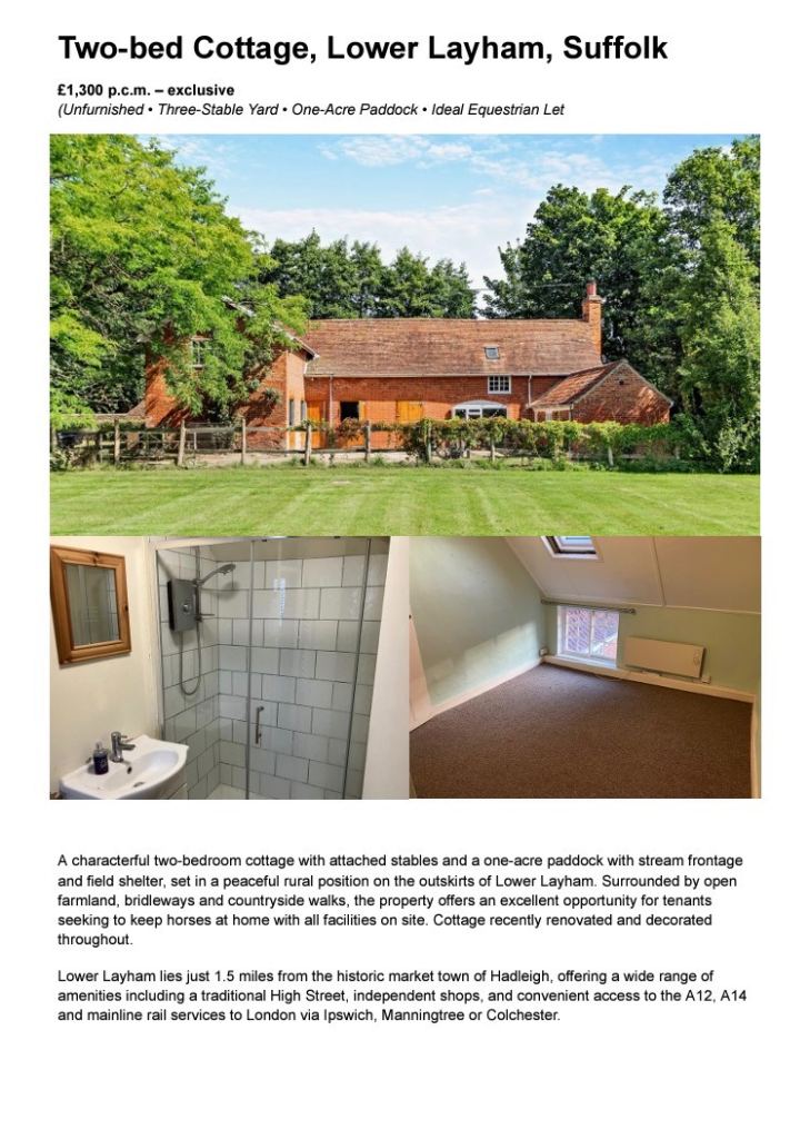2 bed equestrian cottage to rent in Layham, Suffolk