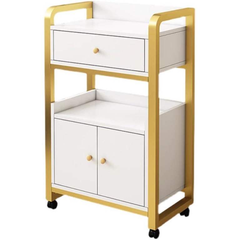 Luxury White & Gold Beauty Storage Trolley with Drawer & Cupboard