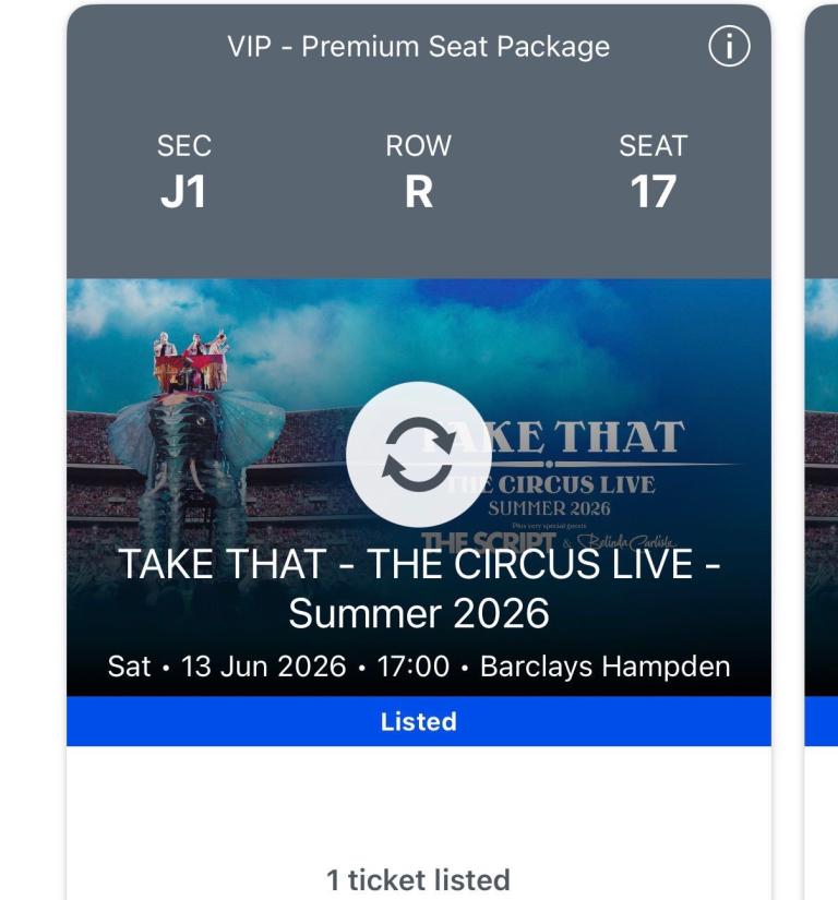 2 x seated VIP Take That tickets sat 13th june