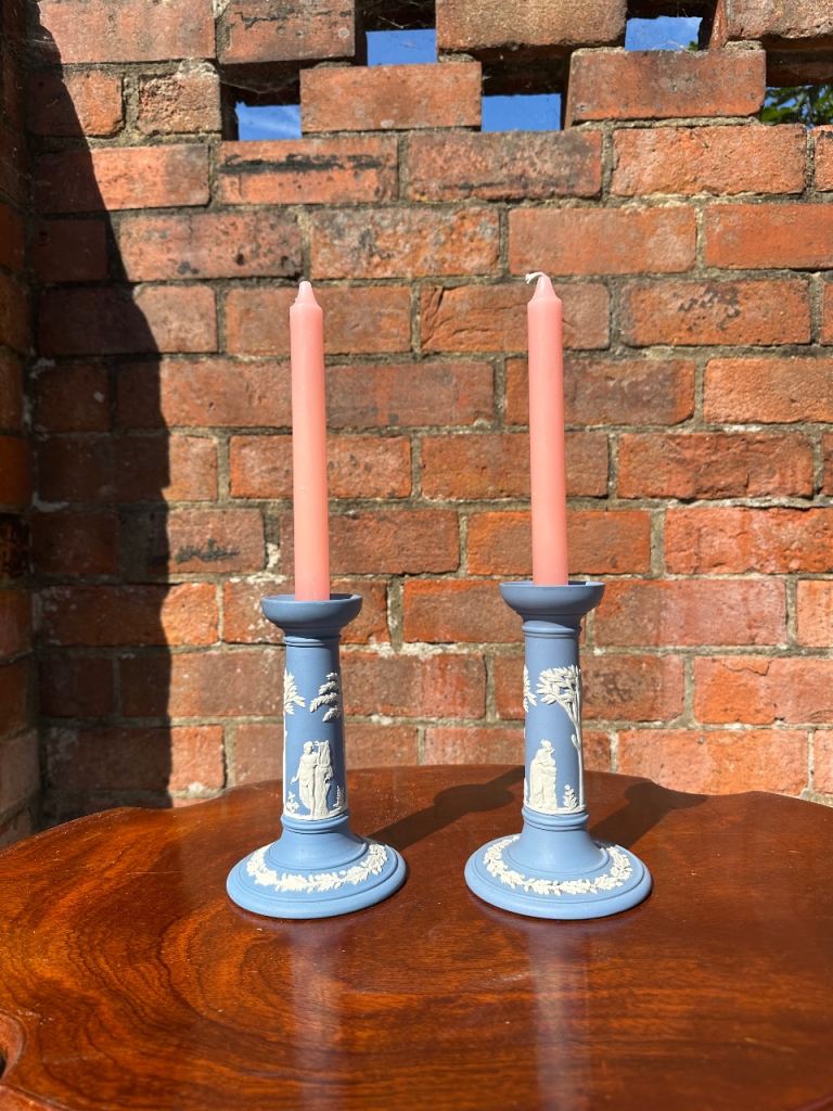 Pair of Wedgwood Jasperware Candlesticks - Blue & White, Good Condition