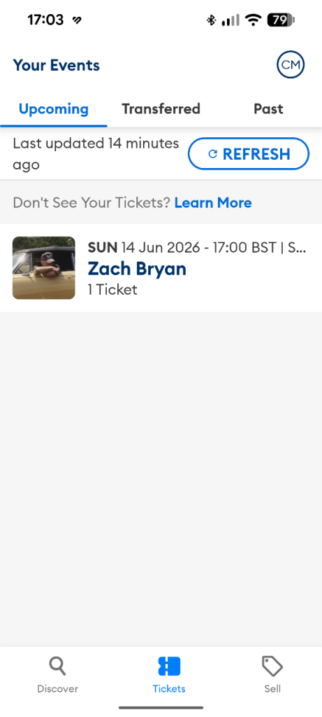 1 ZACH BRYAN TICKET - murrayfield 