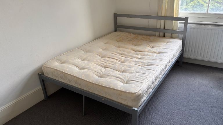 Double Metal Bed Frame with Mattress – Grey