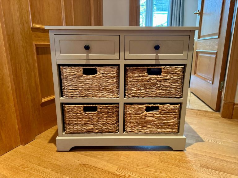 Grey Wooden Storage Unit 2 Drawer & Baskets - As New