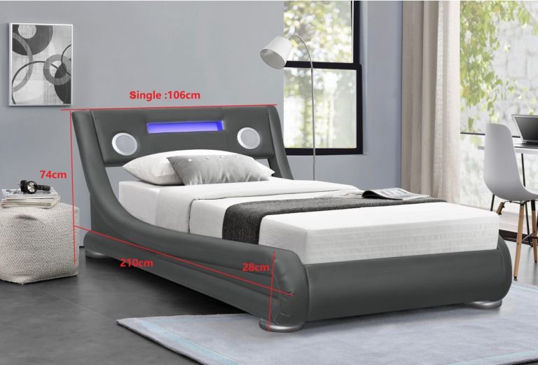 Mojo Single bed Black PU leather & LED lights, Bluetooth speakers & mattress