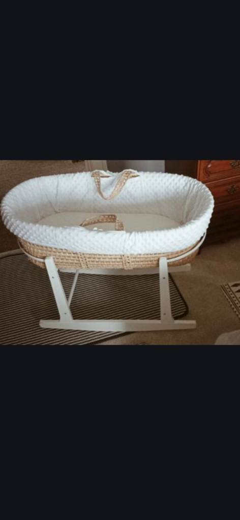Moses Basket with Stand – White & Rattan, Good Condition