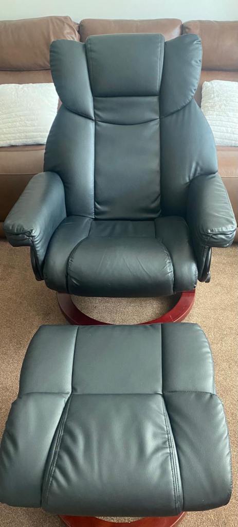 Black Leather Recliner Chair with Footstool – Good Condition