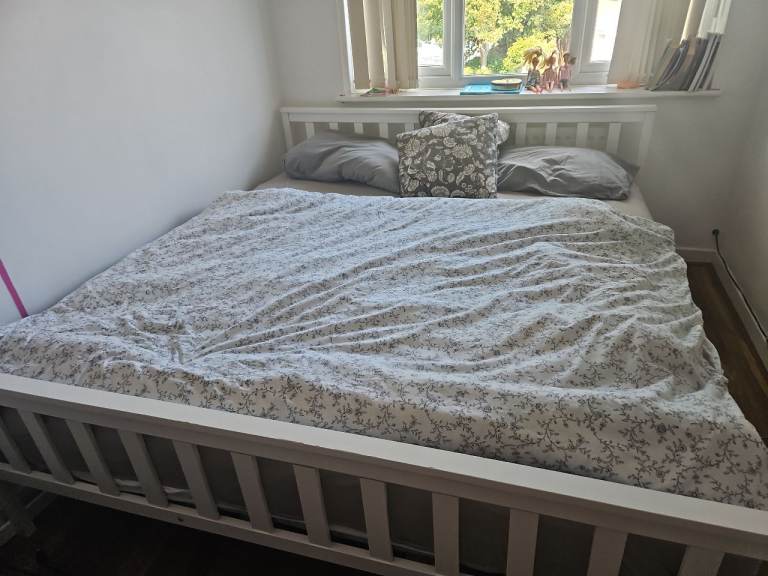 White Wooden Double Bed Frame with Slats