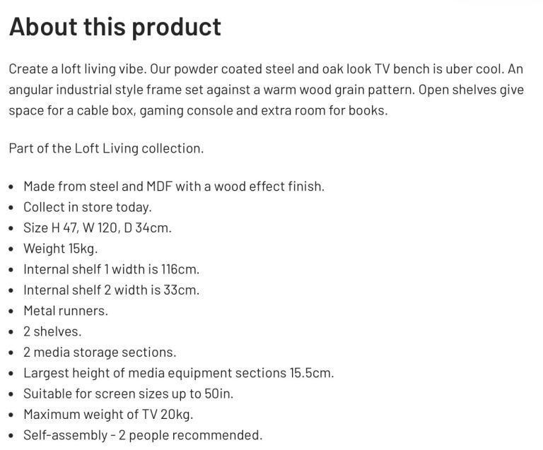 Argos Home Loft Living TV Bench – Metal Frame with Wood Effect Shelves