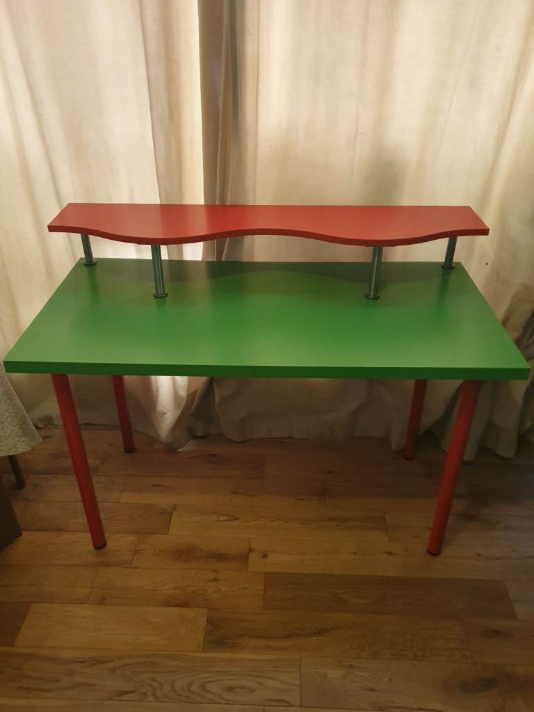 Ikea Green and Red Desk Table with add-on shelf unit