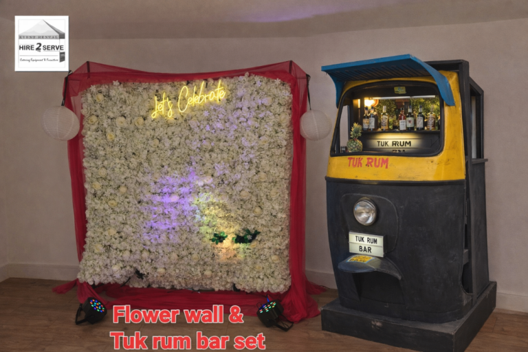 Hire2serve's HOUSE PARTY Flower Wall + Tuk Tuk Bar Set  Perfect for birthdays, weddings wall