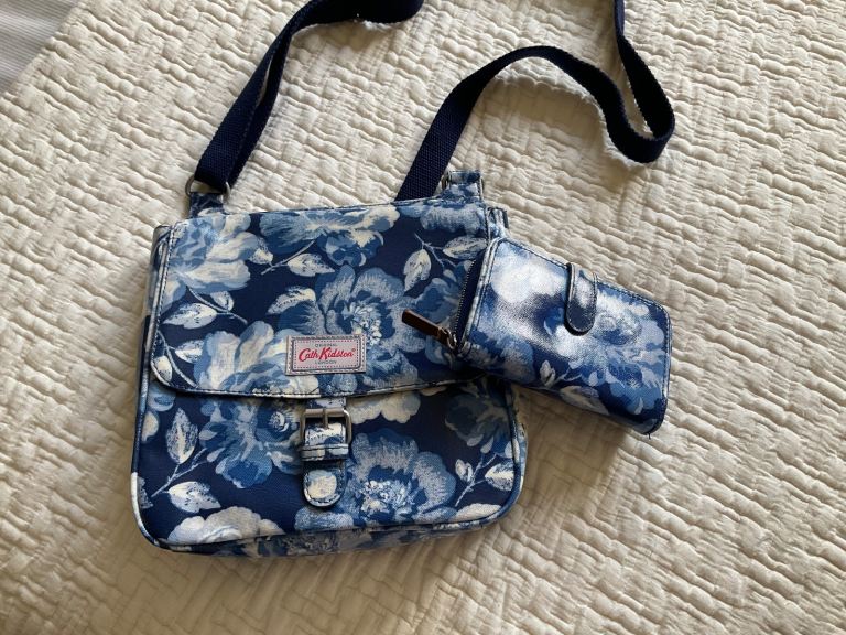 Cath Kidston Blue Peony Blossom cross body saddle bag with matching purse